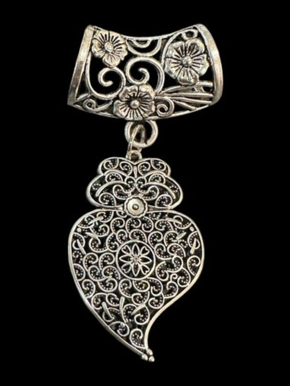 Scarf Slide Pendant Silver Tone Floral Boho 4 Inch Length